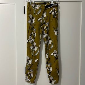 ZARA Mustard Yellow White Orchid Floral Linen Skinny Cigarette Pants